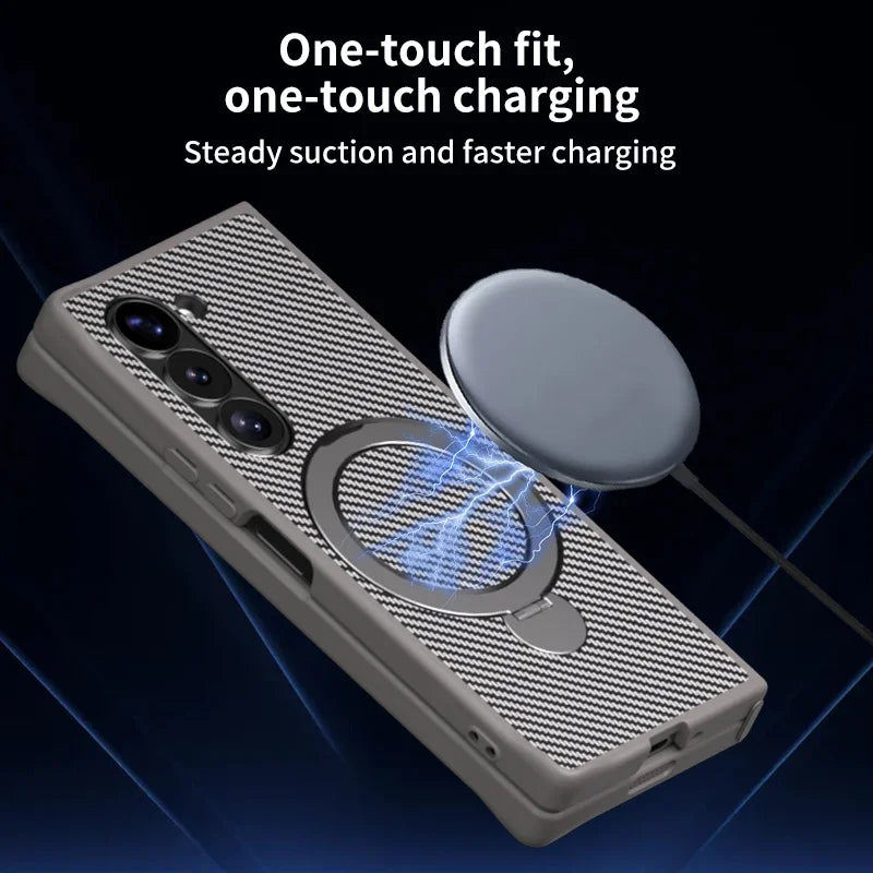 Shockproof Carbon Fiber Leather Phone Case with Rotating Holder for Samsung Galaxy Z Fold 6