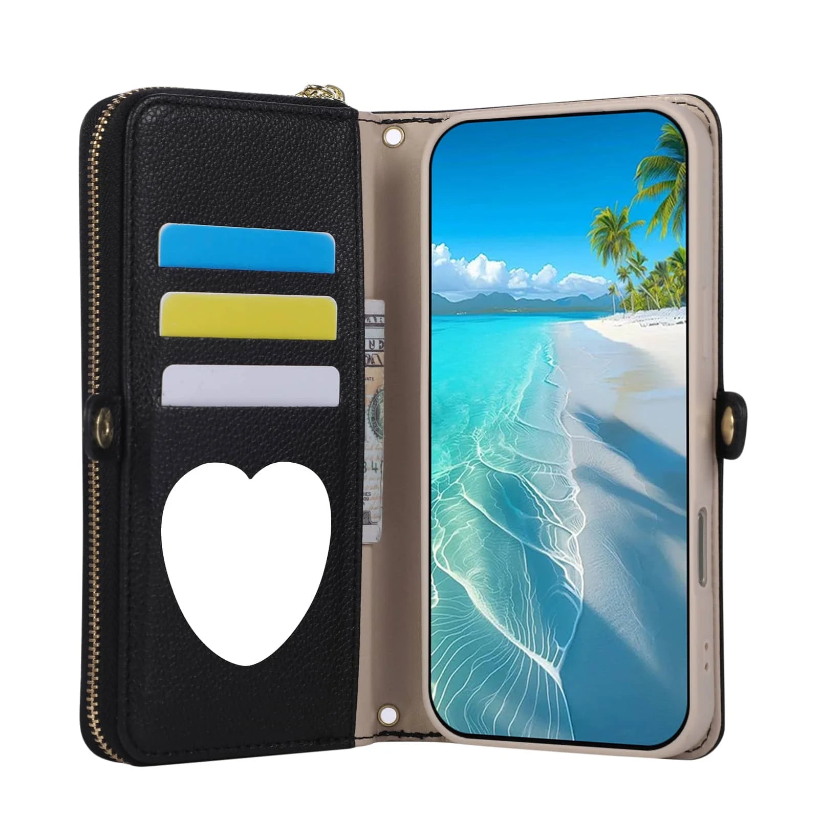 iPhone 15 Series Crossbody Wallet Case with Built-In Mirror and Kickstand