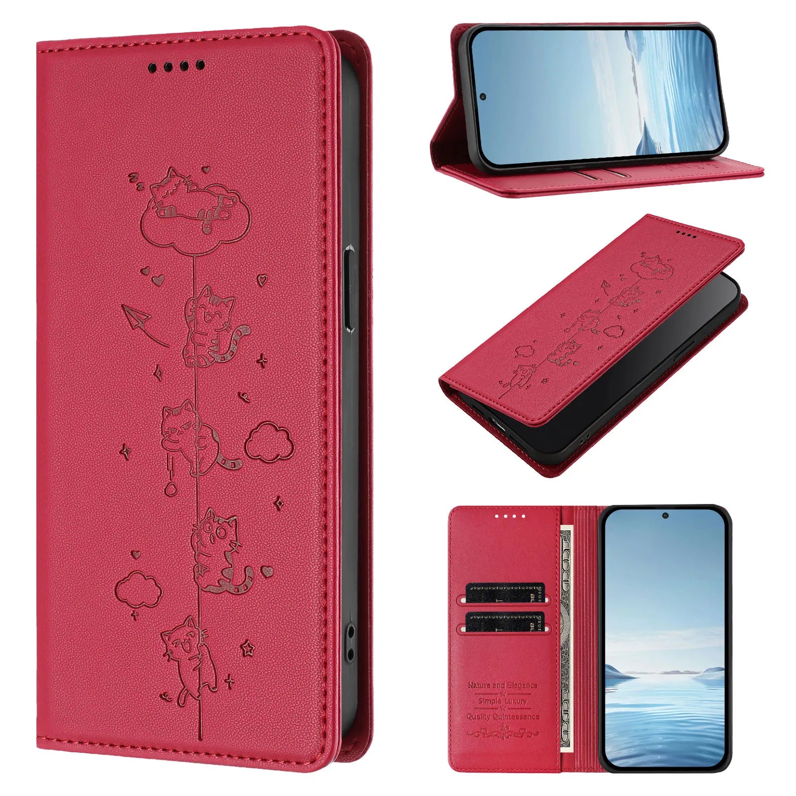 Embossed Cute Cat Flip Wallet Leather Case for iPhone 17 Series