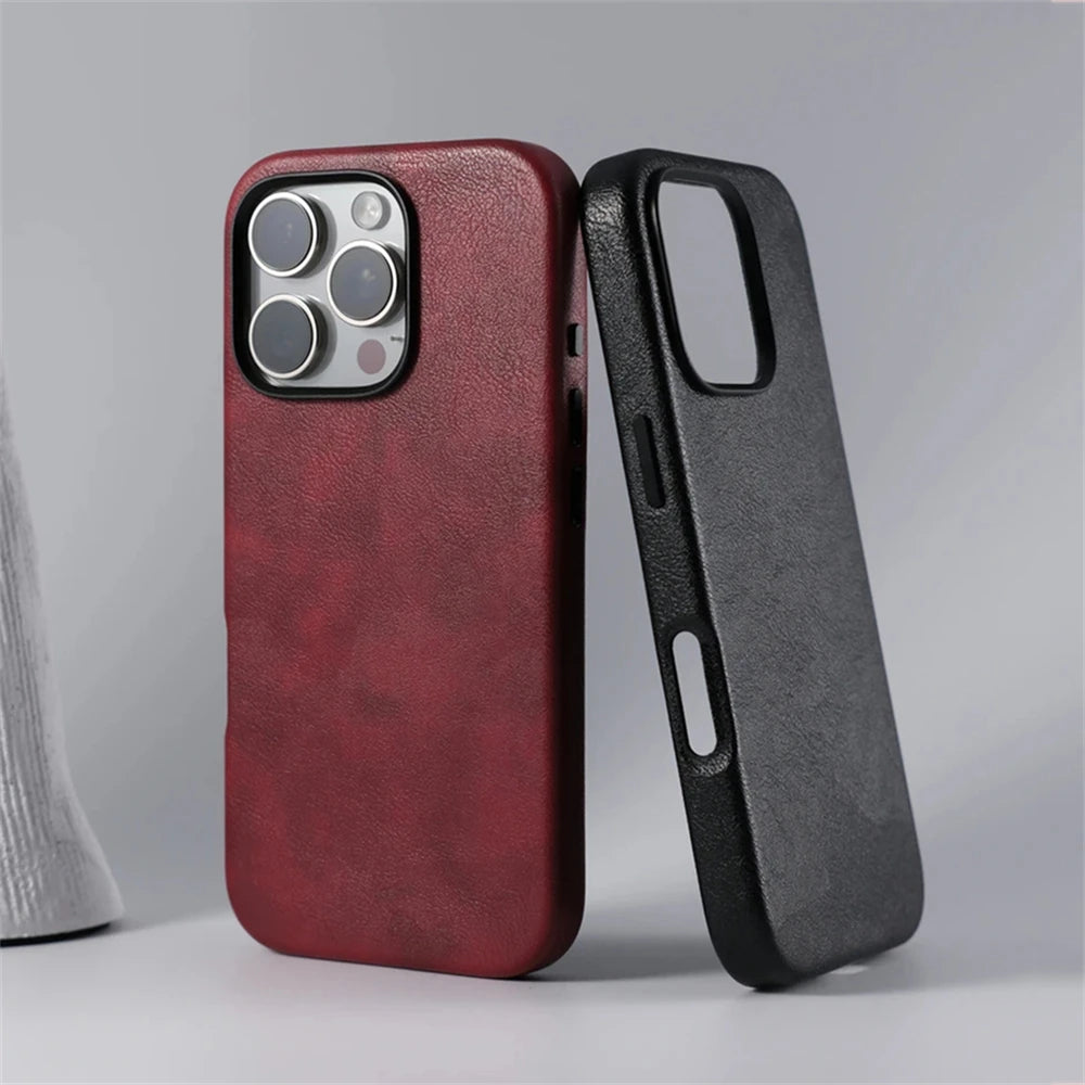 Business Retro PU Leather MagSafe Shockproof Case for iPhone 16 Series