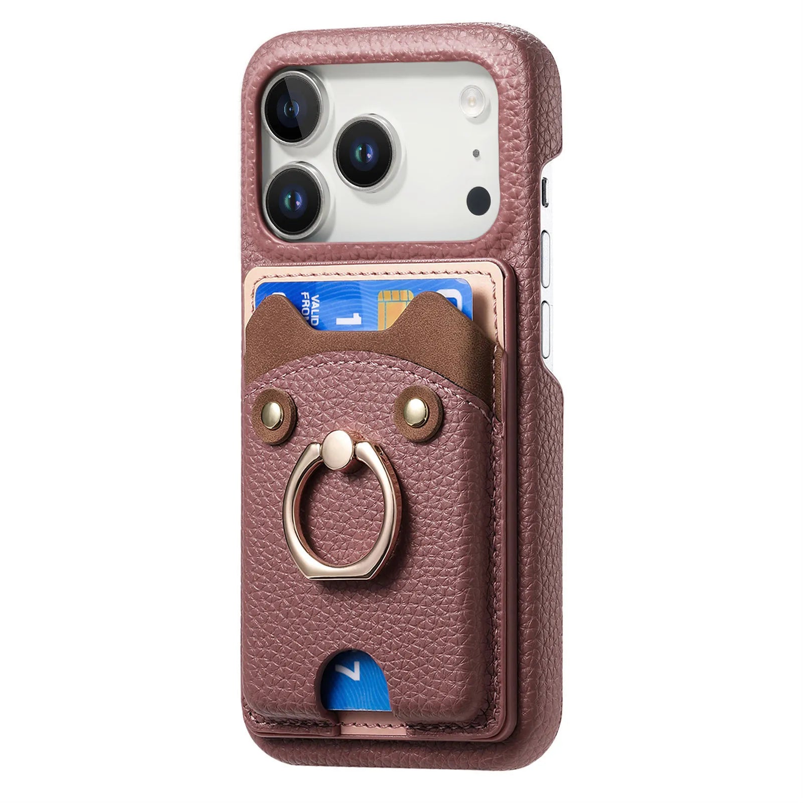 Premium Lychee Pattern Leather Wallet Case with Ring Holder & Vertical Card Slot for iPhone 17 Series