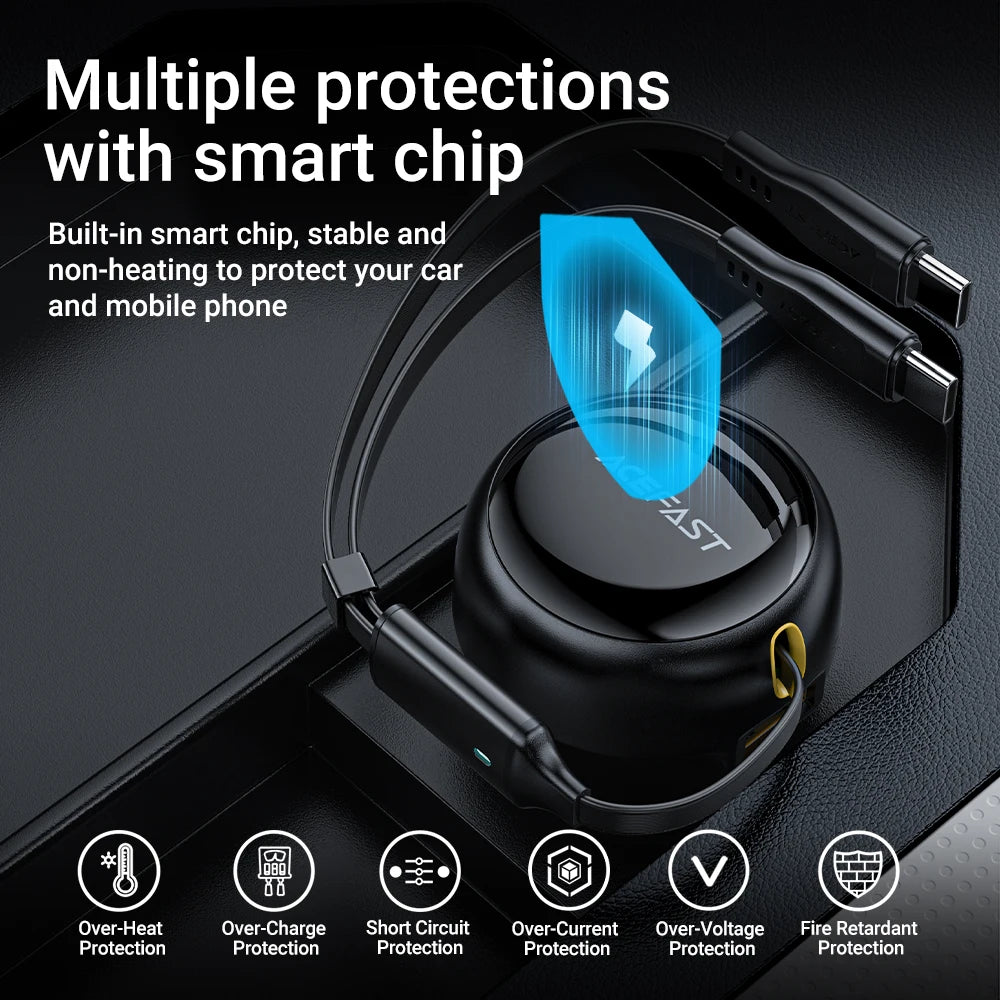 ACEFAST 53W Dual Port Car Charger with Retractable USB-C Cables