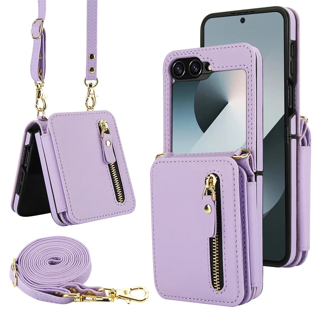 Premium Leather Crossbody Phone Case with Zipper Wallet & Card Holder for Samsung Galaxy Z Flip 6