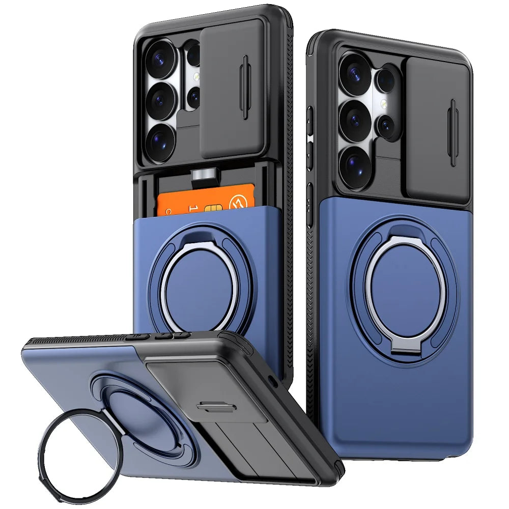 Shockproof Case with Sliding Camera Cover and Folding Ring for Samsung Galaxy S25 Series