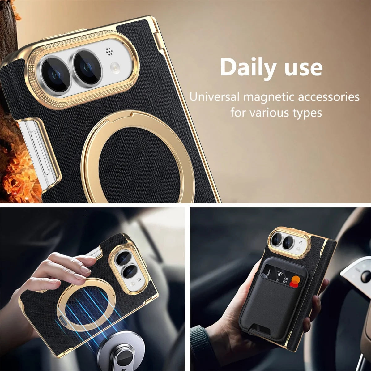 Fabric Leather Rotating Ring Holder Case with Electroplated Accents for iPhone Duo