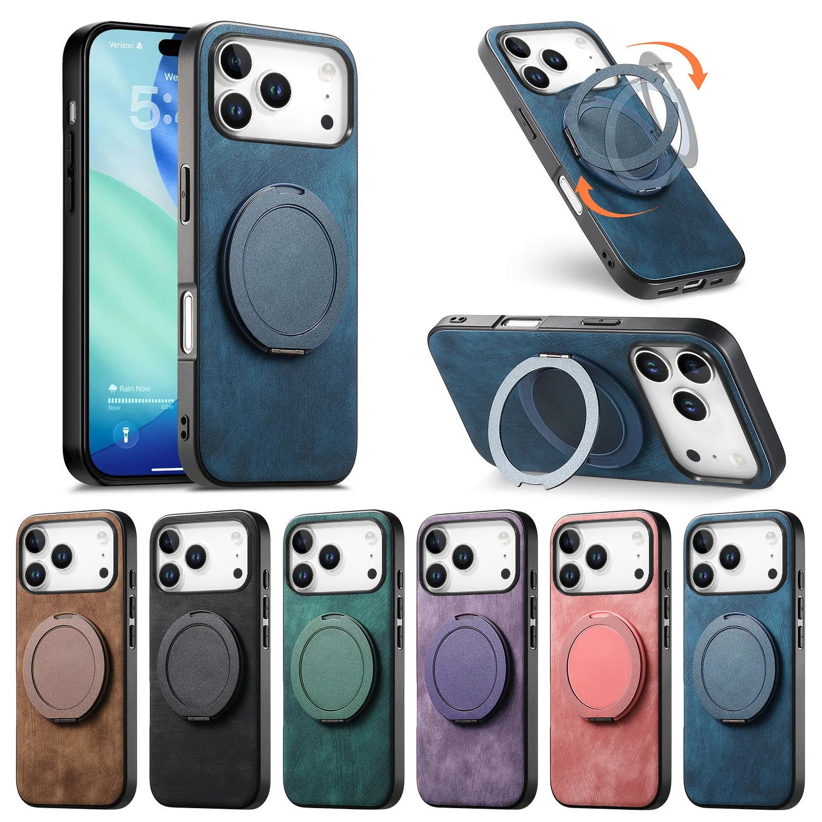 Skin-Feel Leather Case with 360° Rotating Ring for iPhone 17 Series