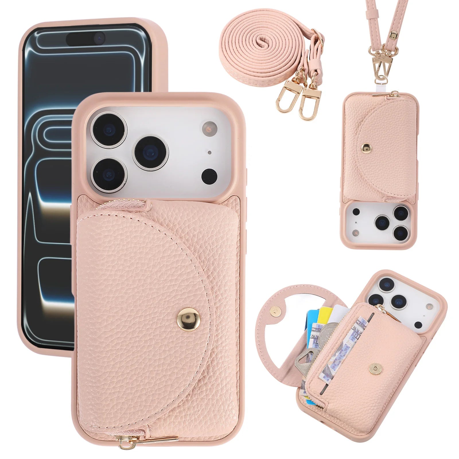 Crossbody Leather Wallet Case with Built-In Makeup Mirror for iPhone 17 Series