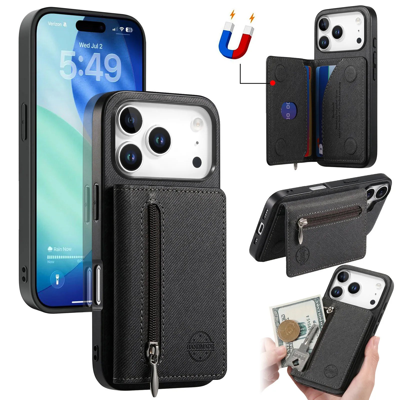 Vintage Cowboy Style Leather Phone Case with Zipper & Magnetic Card Holder for iPhone 17 Series