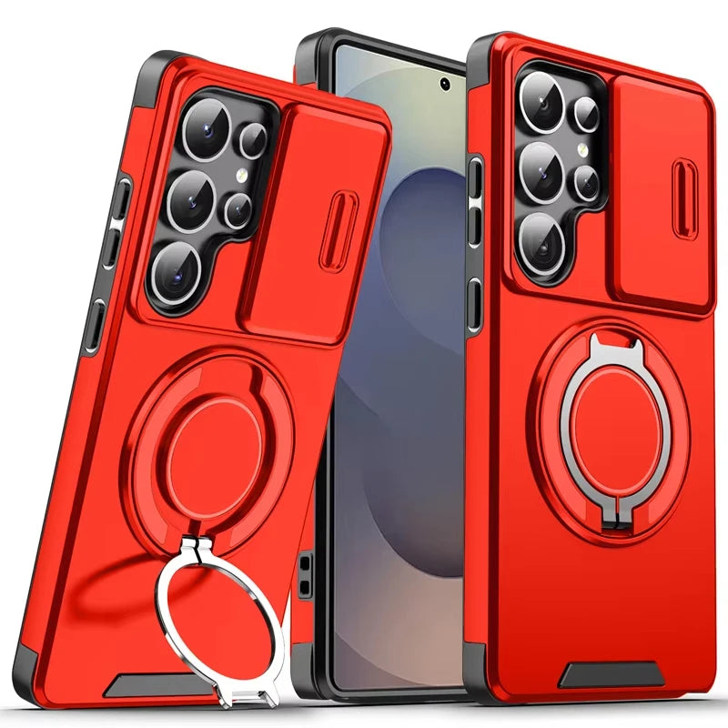 Slide Camera Cover Armor Magnetic Case with Kickstand for Samsung Galaxy S24 Series