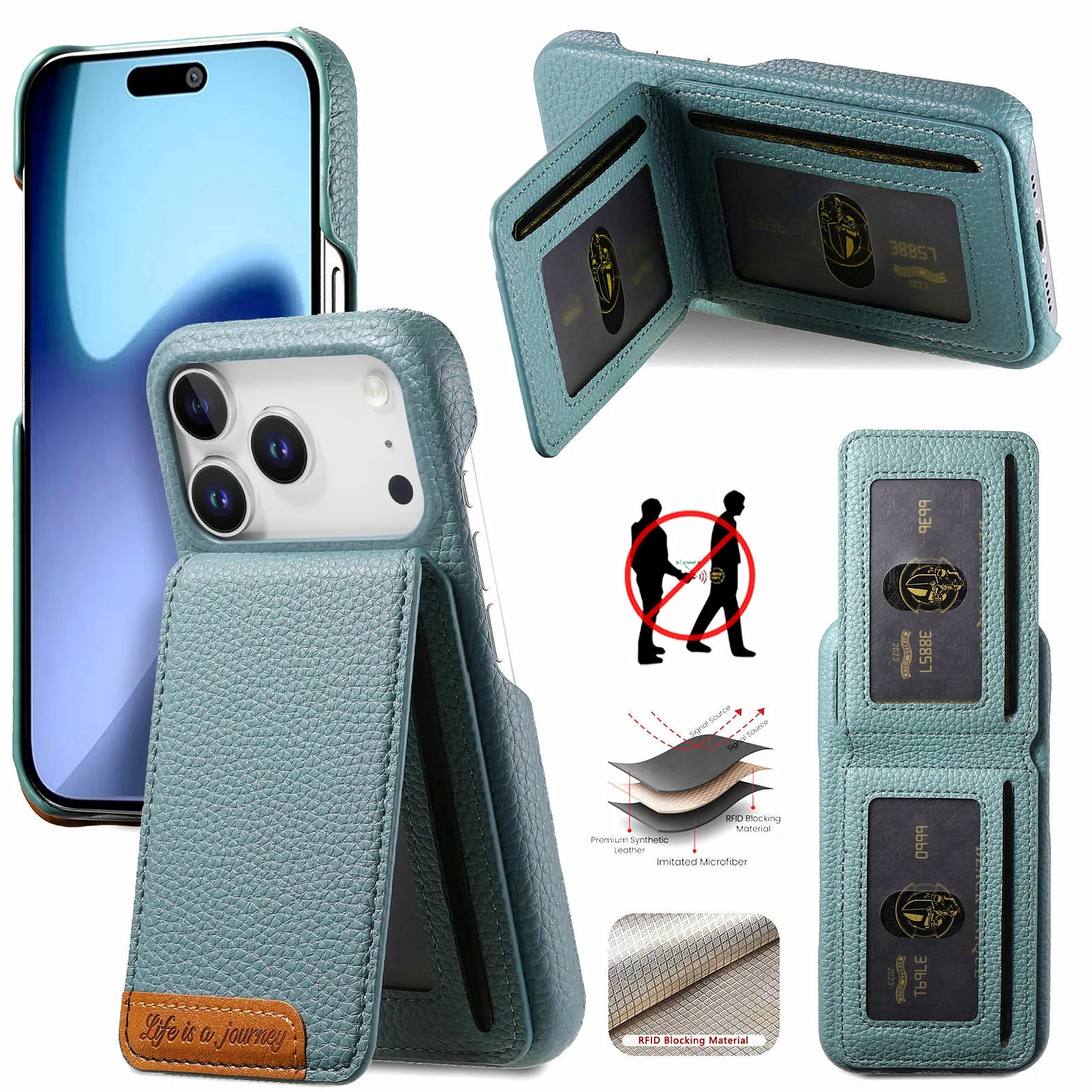 RFID Blocking Lychee Leather Vertical Card Slot Wallet Case with Stand for iPhone 17 Series
