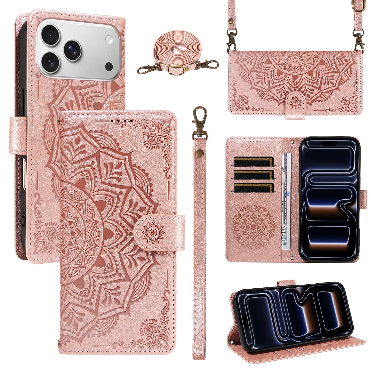 Embossed Datura Leather Wallet Case for iPhone 17 Series