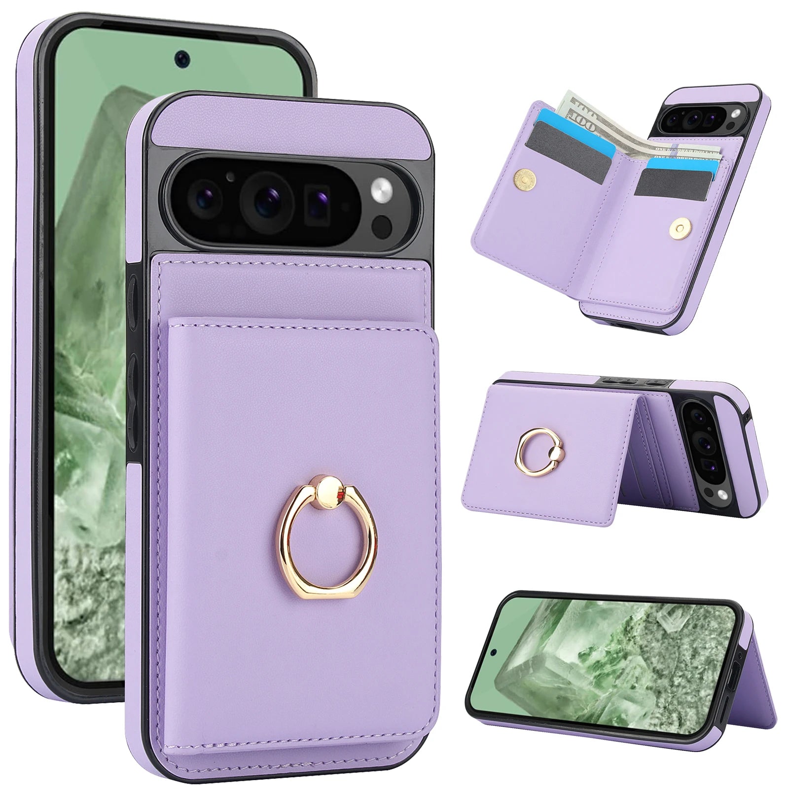 Google Pixel 9 Series Leather Case with Card Holder and Kickstand