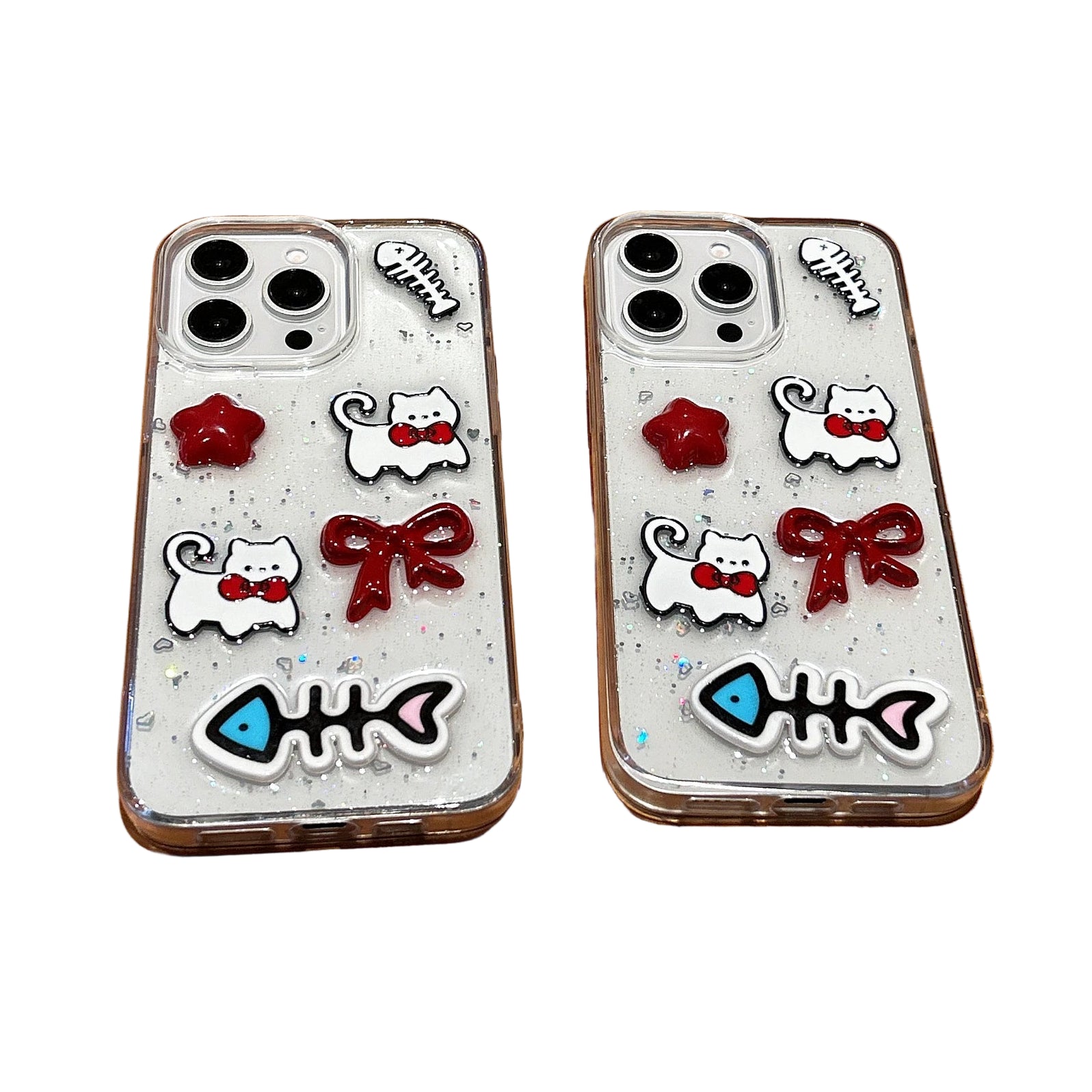 Glittery 3D Cats & Fishbones Clear Cute Phone Case for iPhone 15 Series