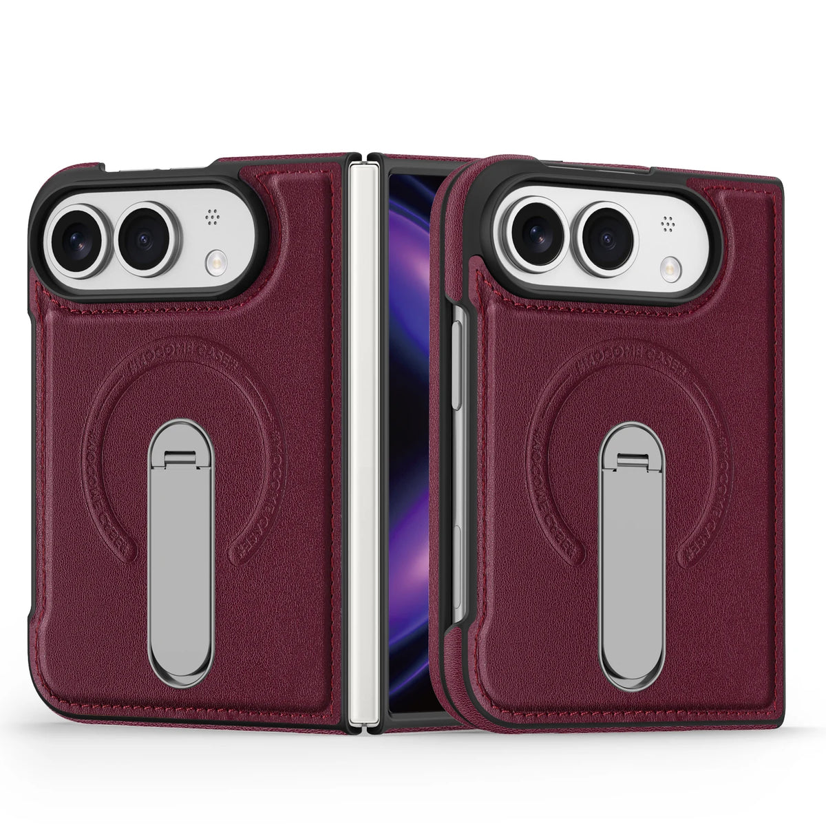 Faux Leather MagSafe Kickstand Case with 360° Rotating Stand for iPhone Duo