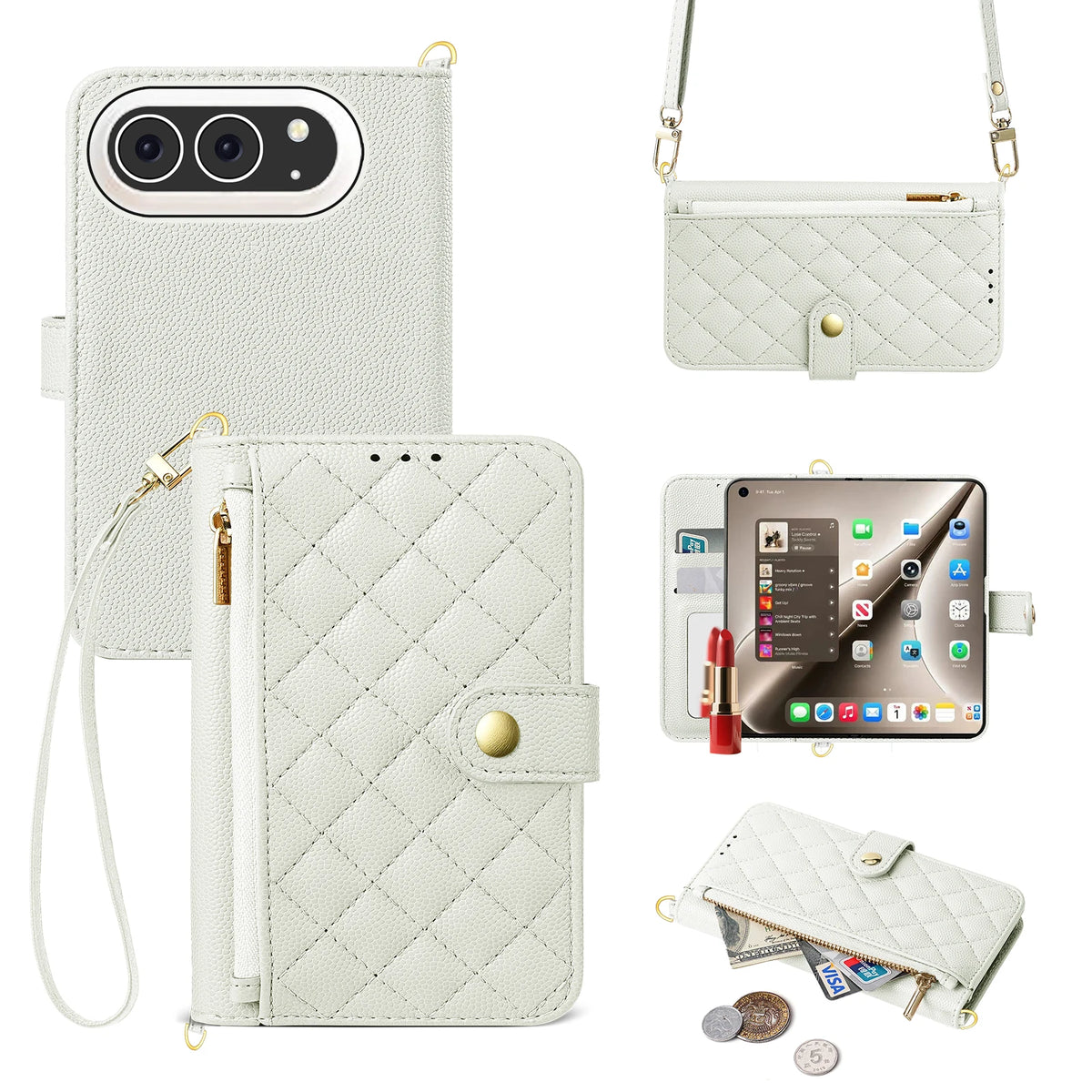 Quilted Leather Crossbody Wallet Case with Detachable Strap for iPhone Duo