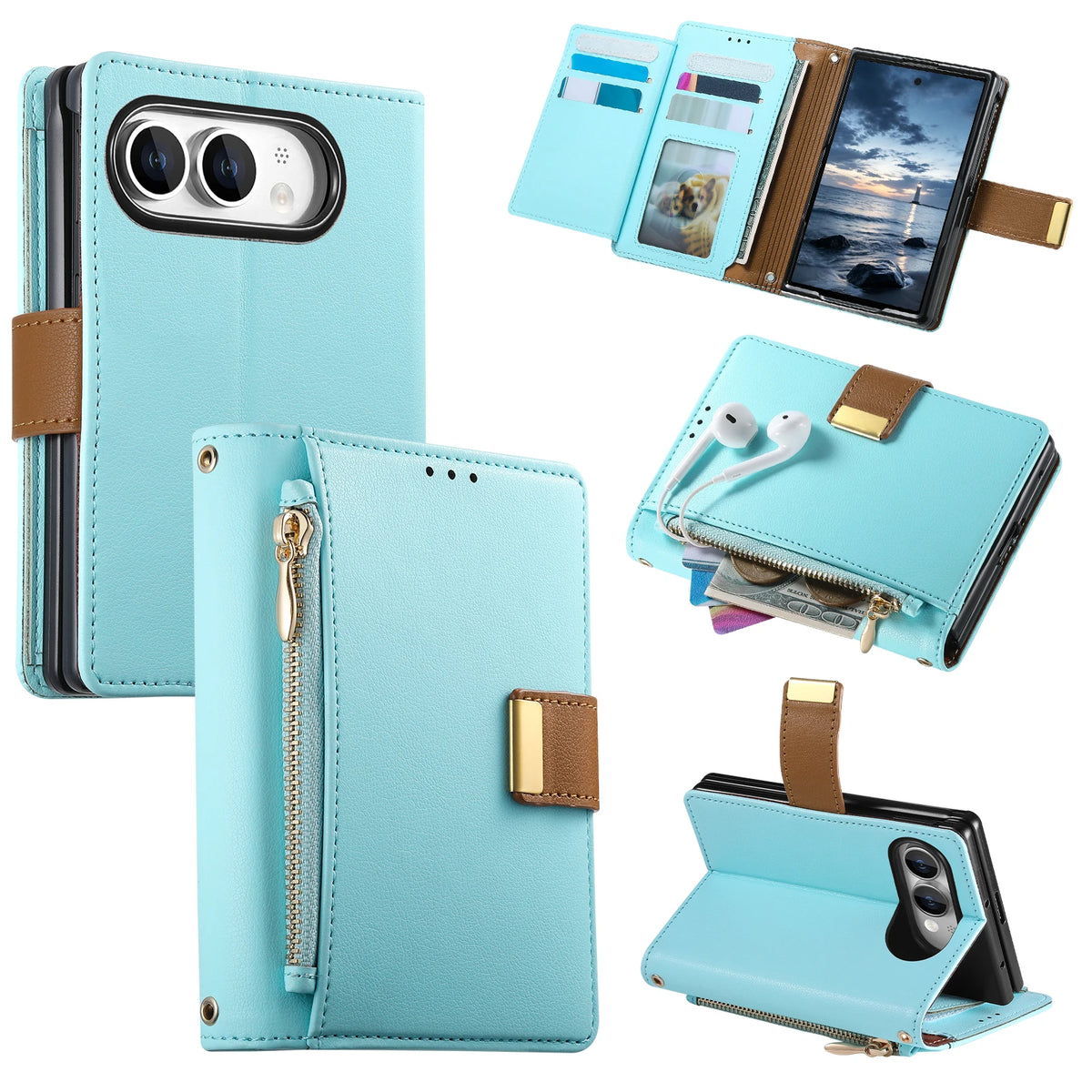 Vegan Leather 4-Card Kickstand Wallet Case with Zippered Coin Pocket for iPhone Duo
