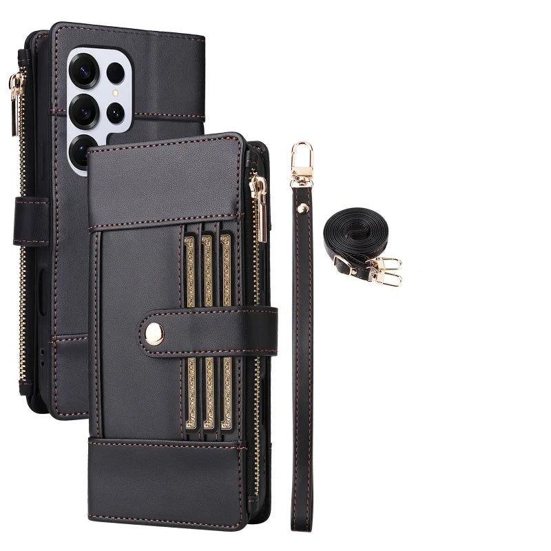 Samsung Galaxy S24 Series Leather Phone Case with Crossbody Strap and Zipper Wallet