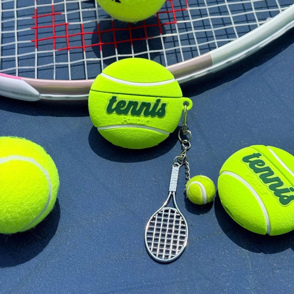 Tennis Ball-Shaped Flocked Case with Racket Pendant for AirPods 4