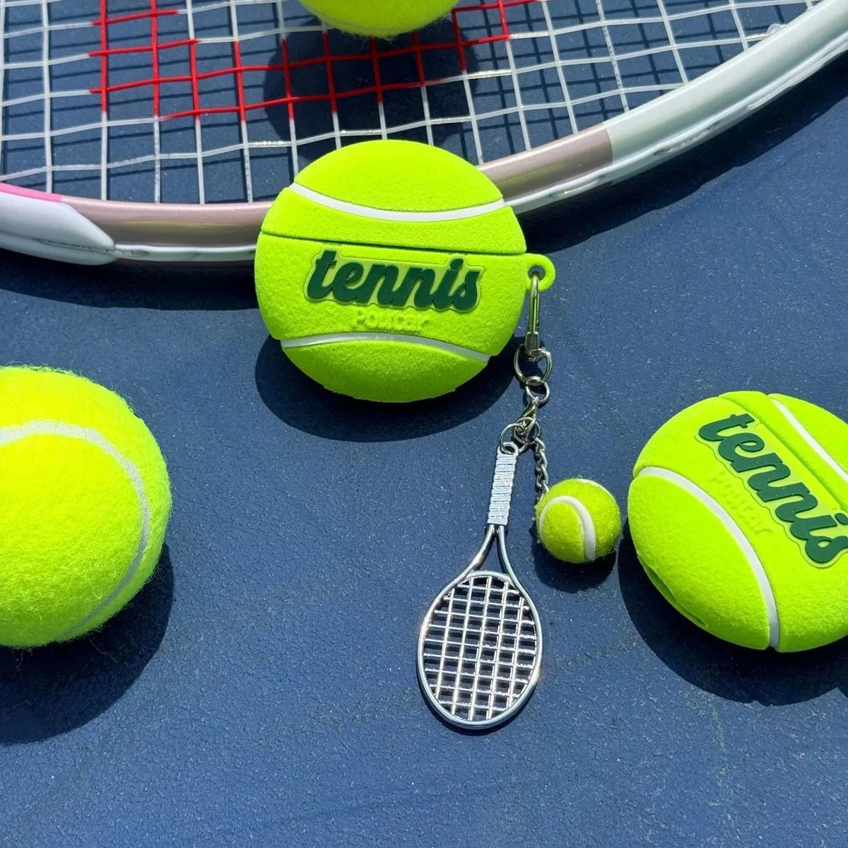 Tennis Ball-Shaped Flocking Case with Racket Pendant for AirPods 3