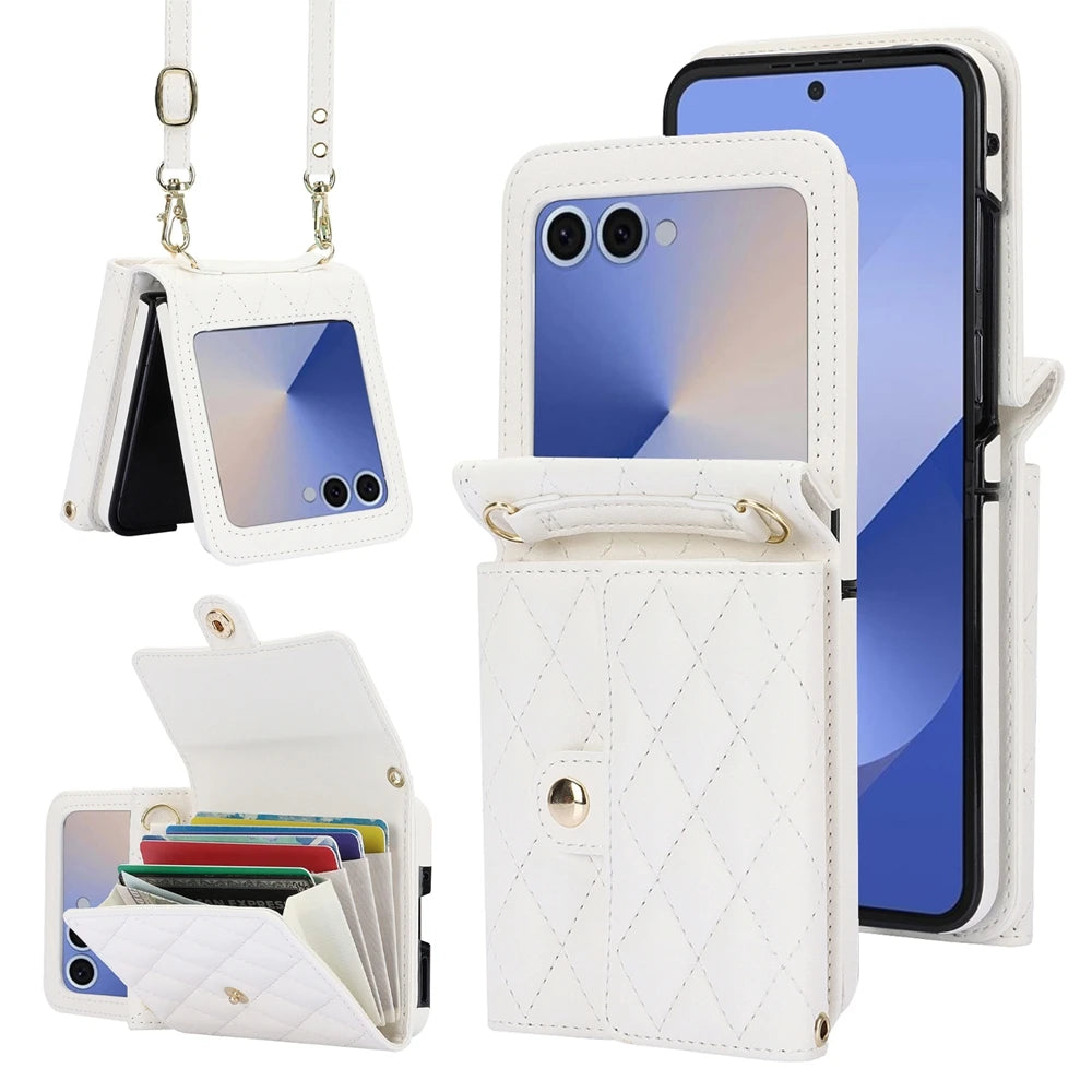 Anti-Drop Leather Wallet Case with Crossbody Strap and Card Holder for Samsung Galaxy Z Flip 7