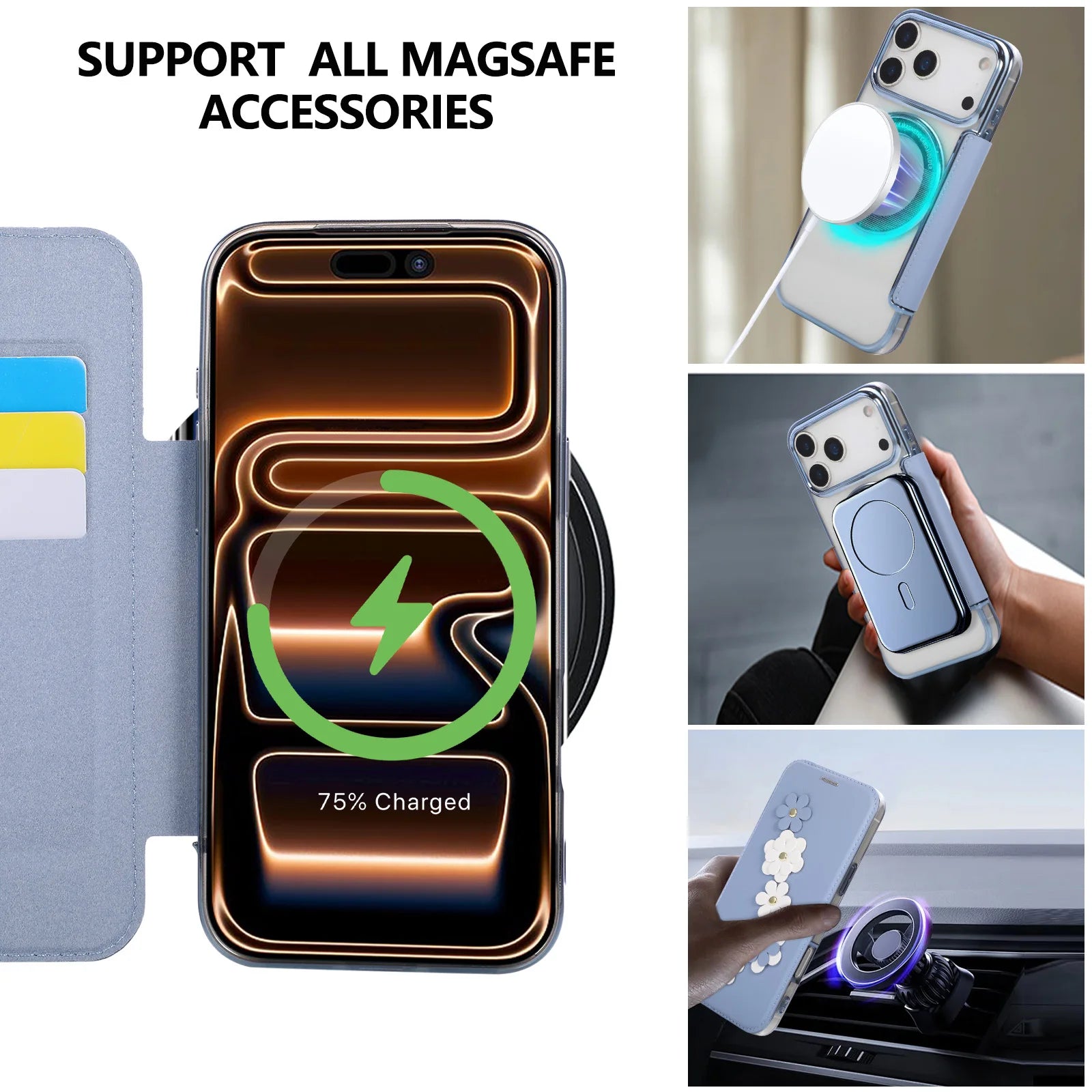 Elegant 3D Flower MagSafe Leather Flip Wallet Case for iPhone 17 Series
