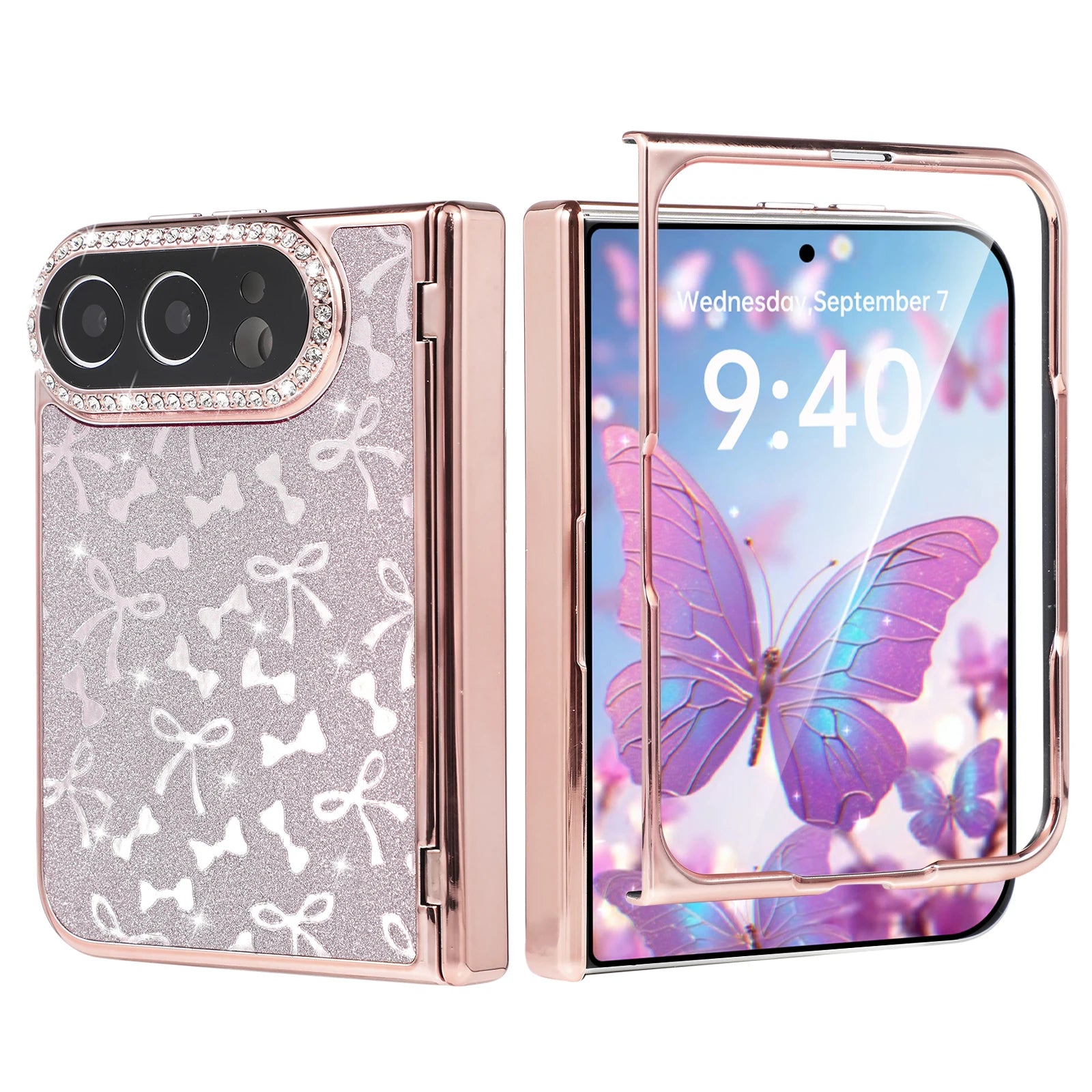 Electroplated Frame Hinge Protection Case with Rhinestone Camera Ring for iPhone Duo