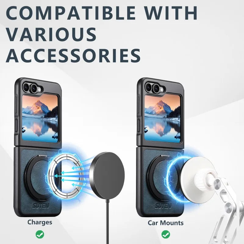 Textured Leather Magnetic Case with Rotating Ring for Samsung Galaxy Z Flip 8