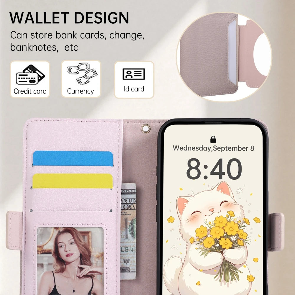 Leather Folio Wallet Case with Strap and Mirror for iPhone 17 Series