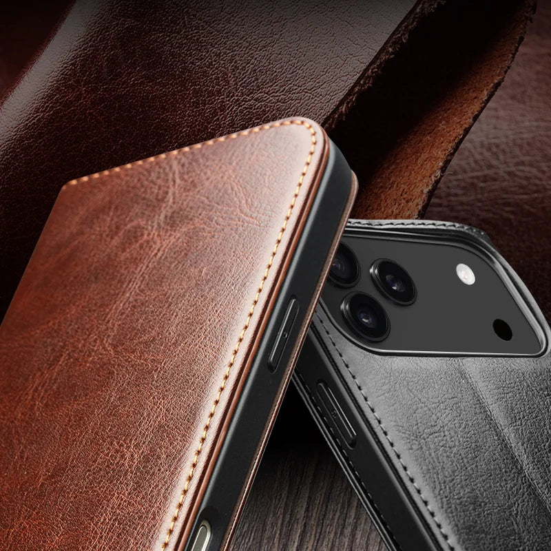 Premium Genuine Leather Flip Case with Kickstand for iPhone 17 Series