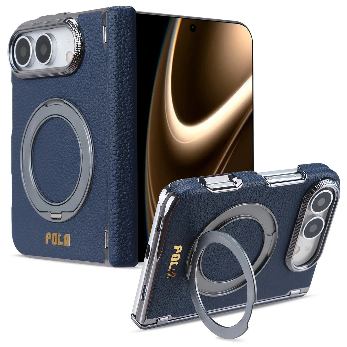 Litchi Grain Leather MagSafe Case with 360° Rotating Ring Stand for iPhone Duo