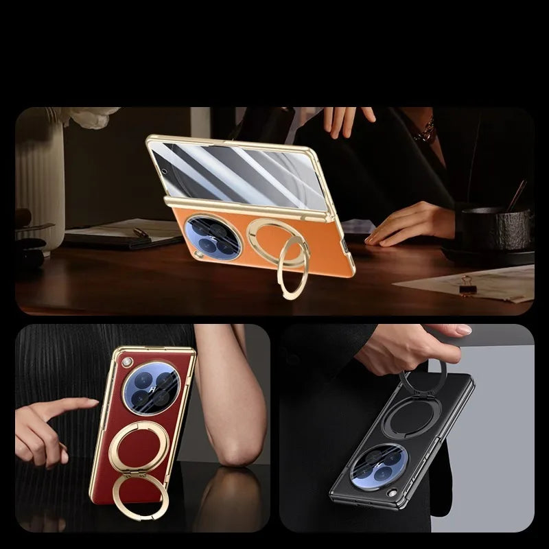 OPPO Find N6 Premium Leather PC Case with Rotating Ring Holder Stand and Privacy Glass