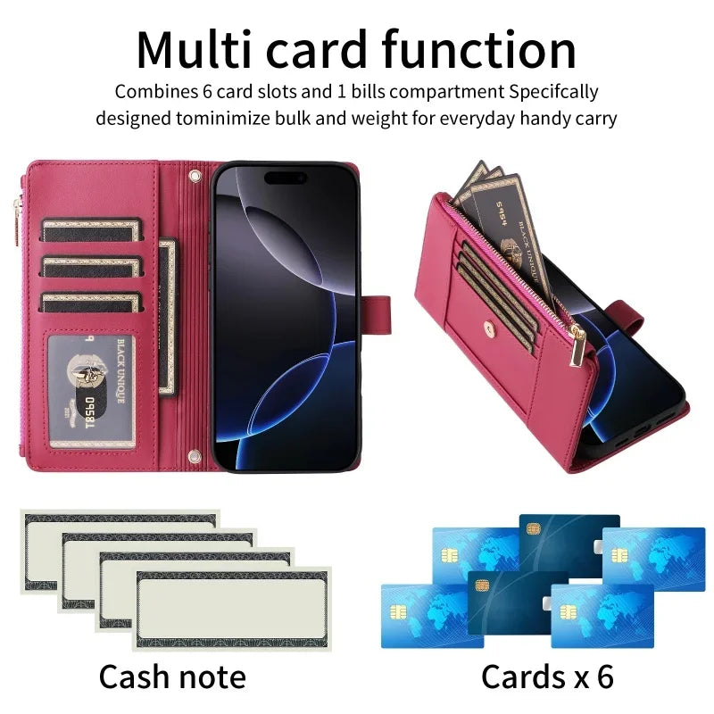 Samsung Galaxy S24 Series Leather Phone Case with Crossbody Strap and Zipper Wallet