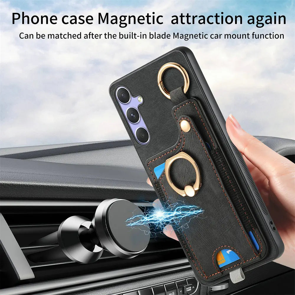 Leather Card Holder Case with 360° Rotating Ring Kickstand for Samsung Galaxy S26 Series