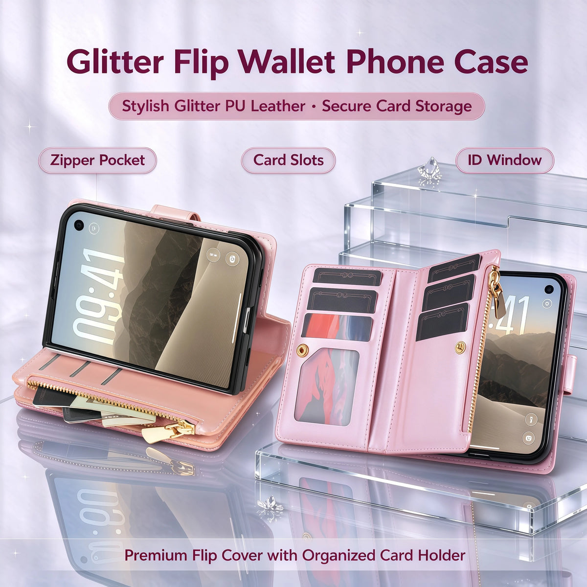 Glitter Floral PU Leather Wallet Case with Kickstand for iPhone Duo