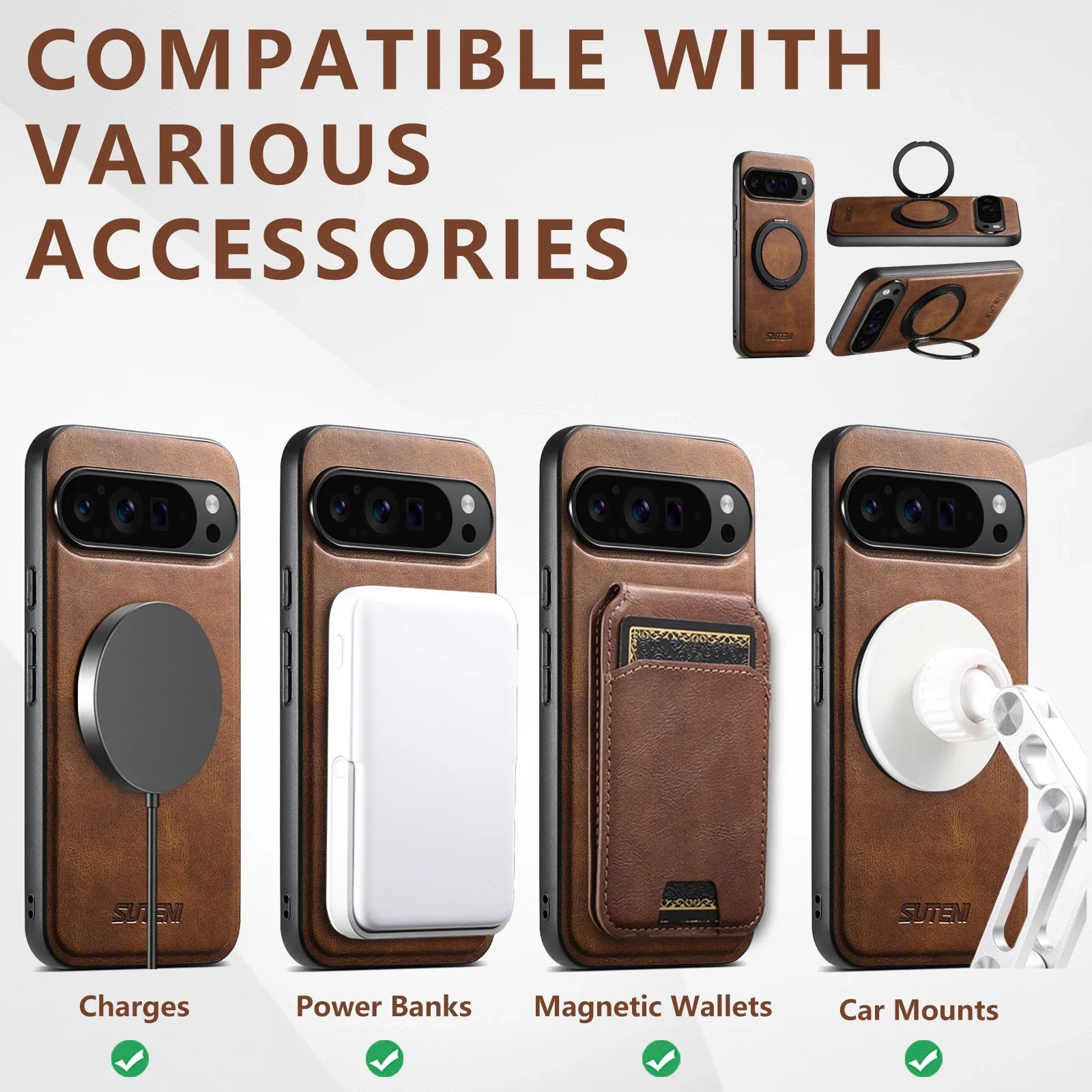 Premium Magnetic Leather Case with 360° Rotating Ring for Google Pixel 9 Series