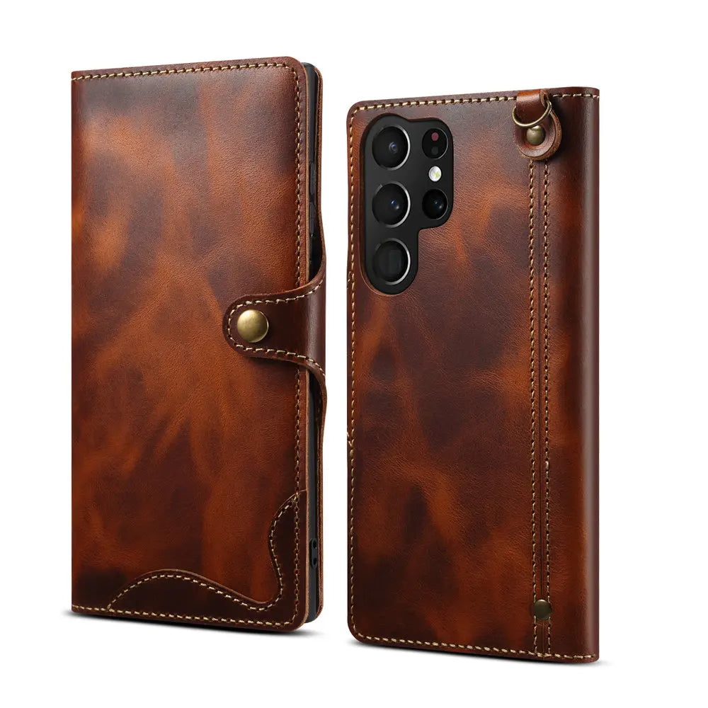 Genuine Leather Book Case Flip Case with Strap for Samsung Galaxy S26 Series