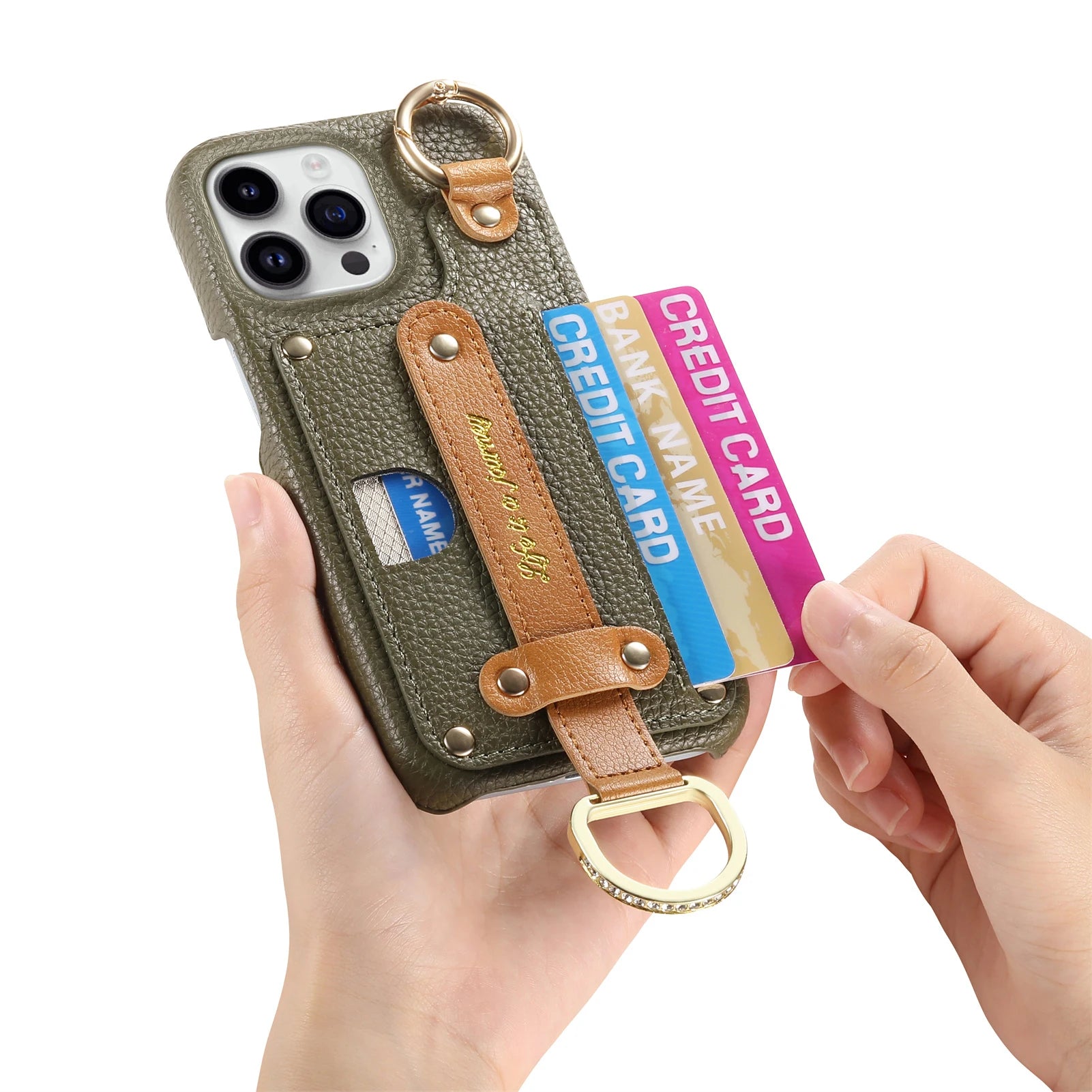 iPhone 16 Series Leather Wallet Case with Wrist Strap & Card Holder