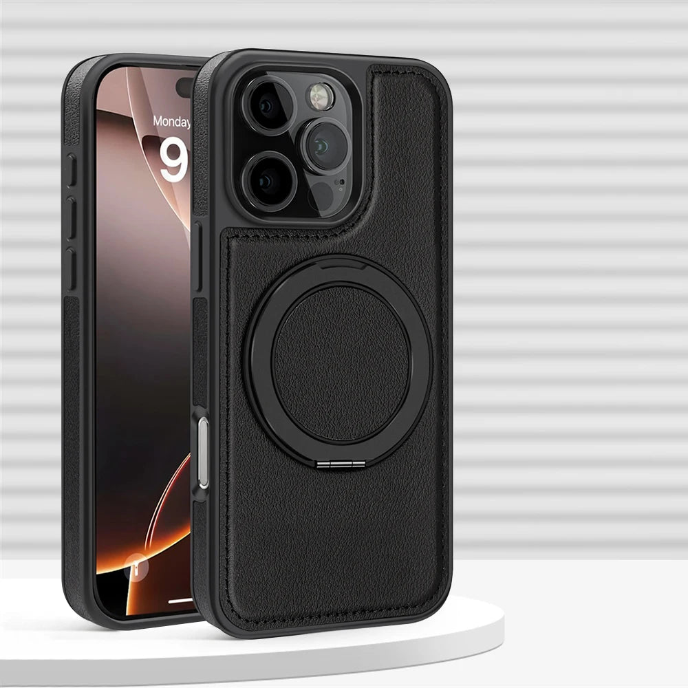 iPhone 16 Series PU Leather MagSafe Case with 360° Rotating Ring Holder