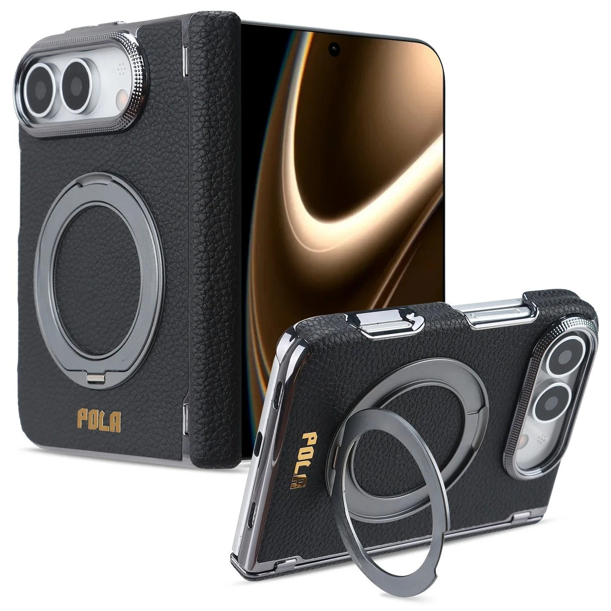 Litchi Grain Leather MagSafe Case with 360° Rotating Ring Stand for iPhone Duo