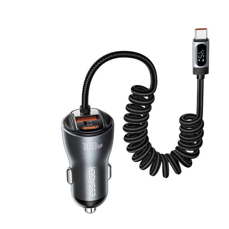 Essager 108W Dual Port Car Charger with Spring Cable