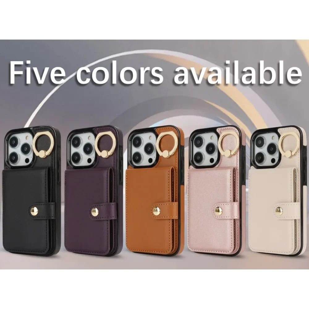 PU Leather Wallet Case with Card Slot and Ring Holder for iPhone 15 Series – Stylish & Functional