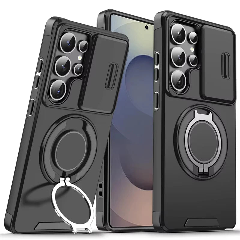 Slide Camera Cover Armor Magnetic Case with Kickstand for Samsung Galaxy S24 Series
