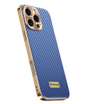 Blue phone case with gold accents on a white background