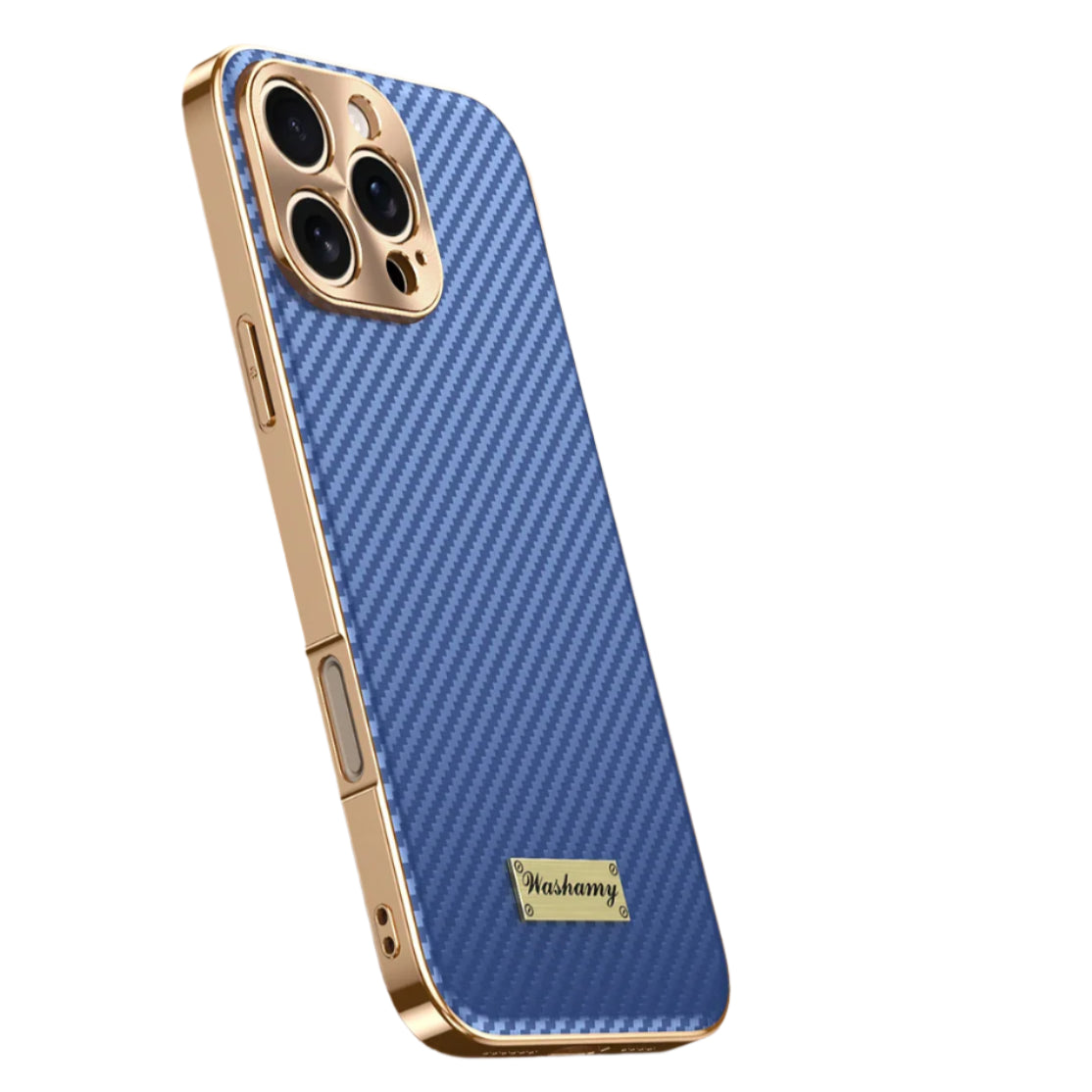 Blue phone case with gold accents on a white background