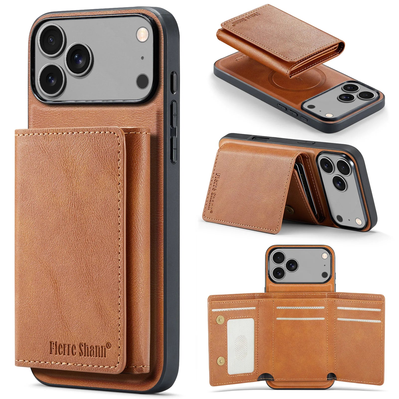 iPhone 17 Series MagSafe Leather Case with 5-Card Holder Stand