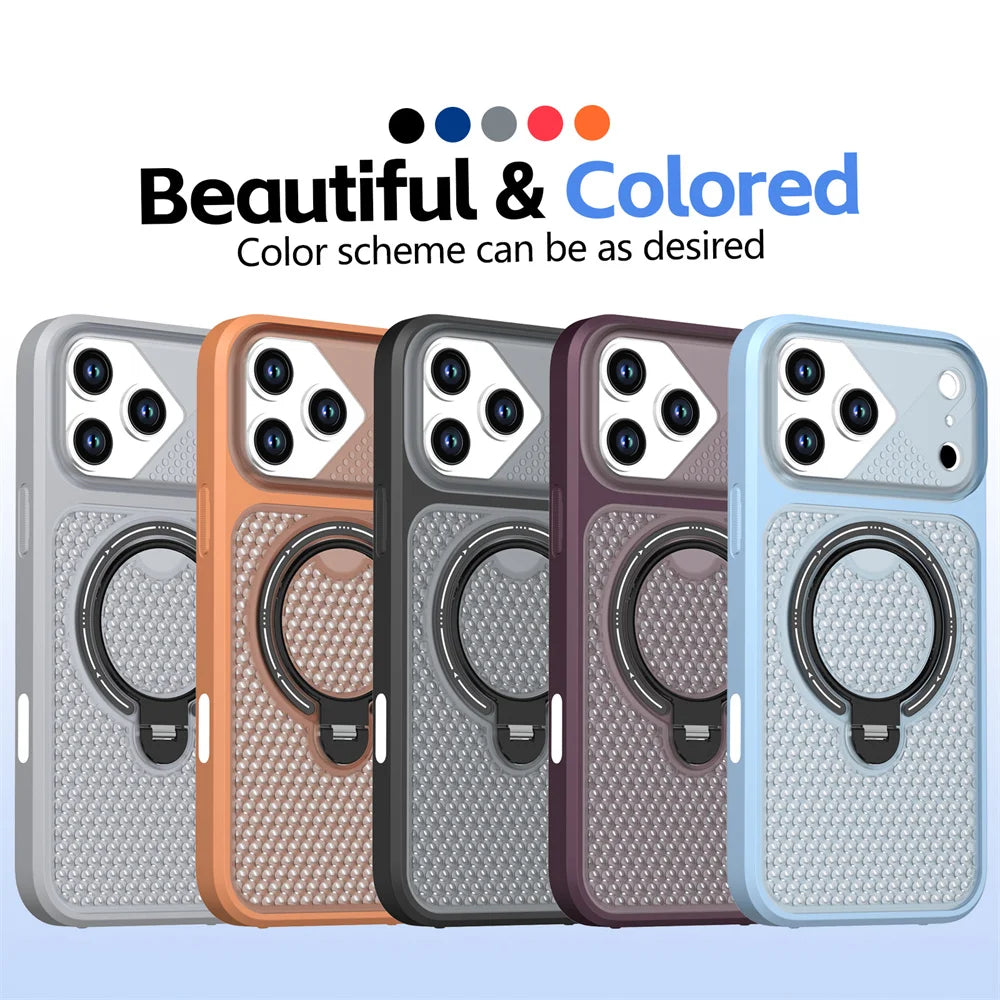 Textured MagSafe Cooling Case with Rotatable Ring Stand for iPhone 18 Series