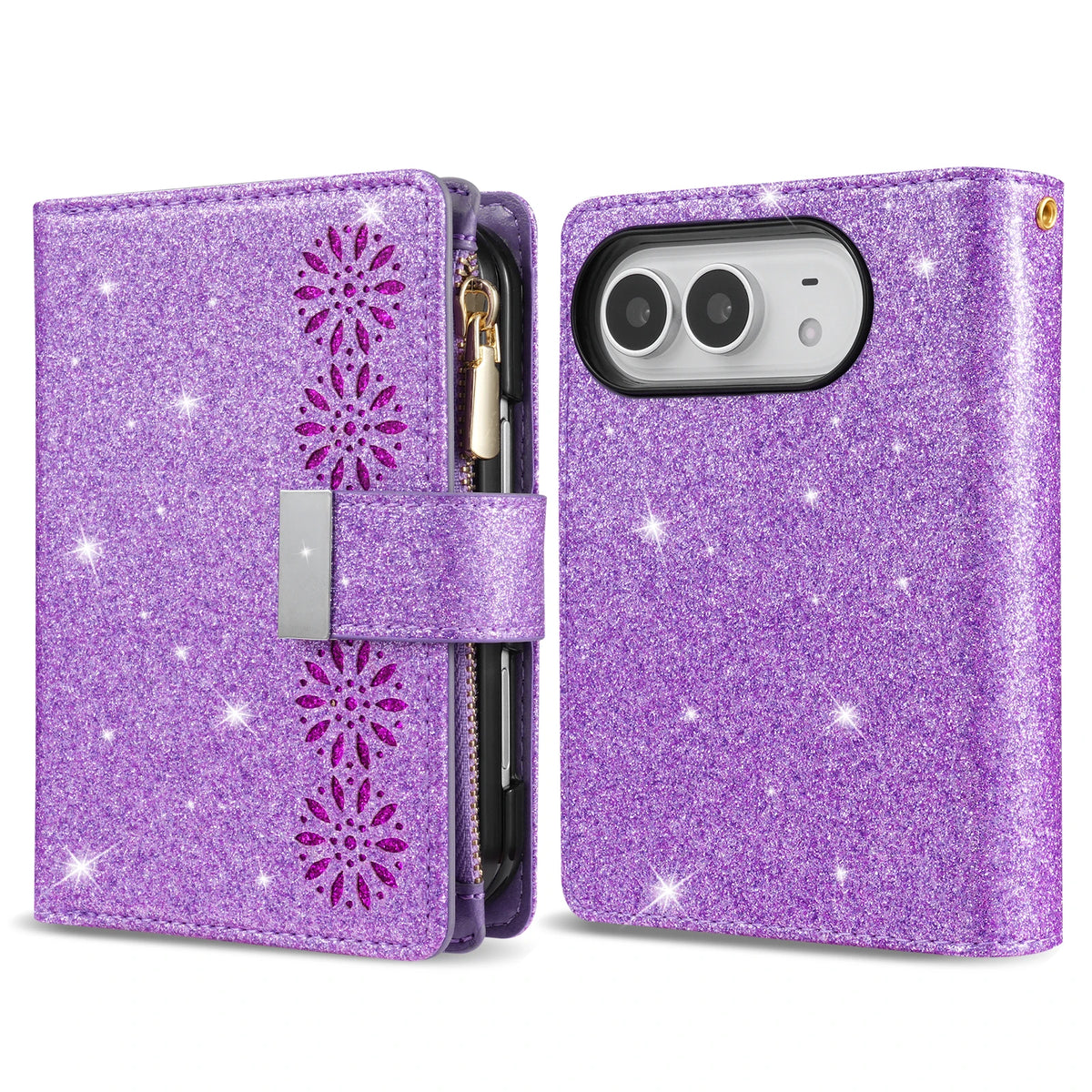 Glitter Floral PU Leather Wallet Case with Kickstand for iPhone Duo