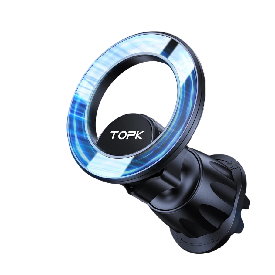 Topk car phone holder with blue light on a car window background