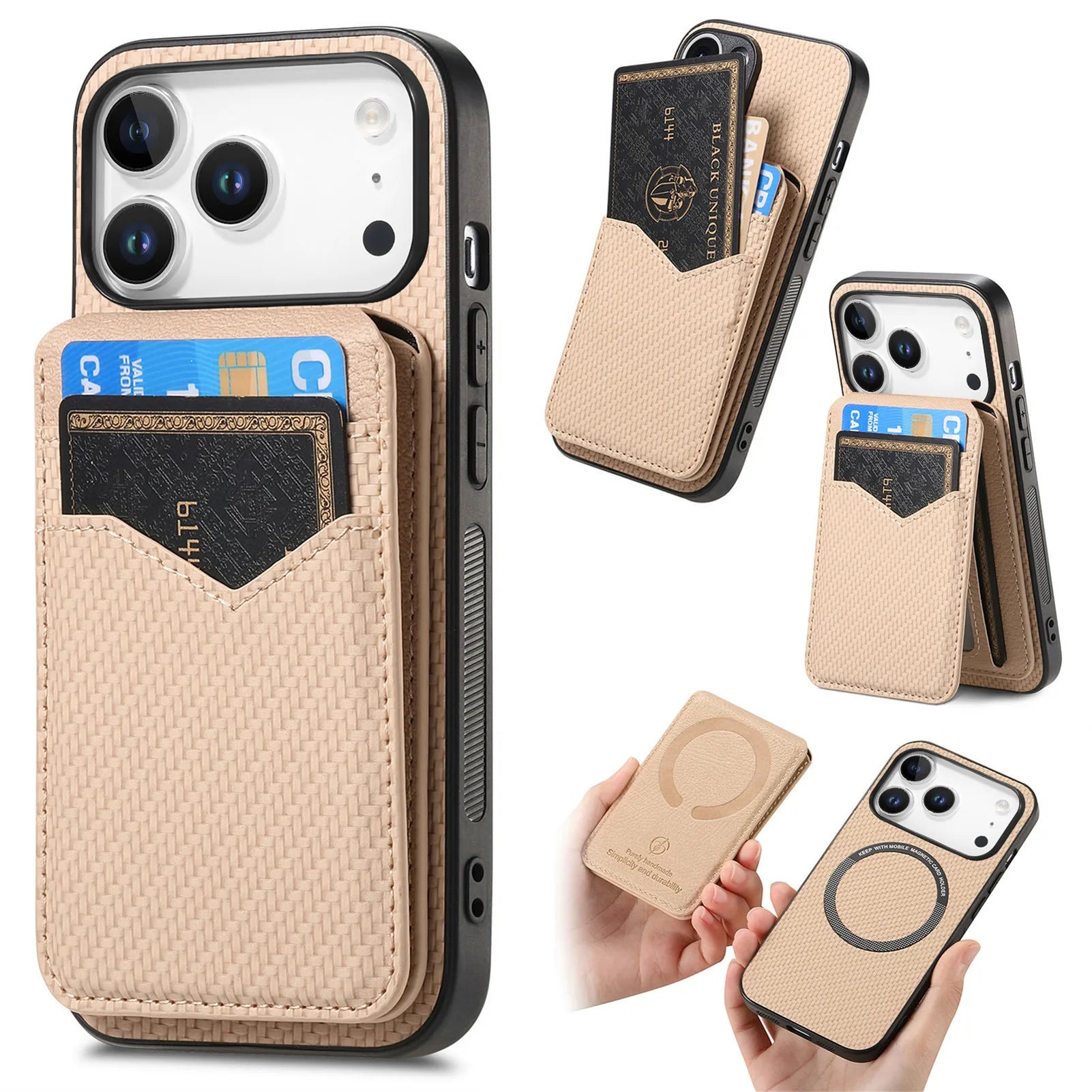 2-in-1 Detachable Carbon Fiber Pattern MagSafe Case with Flip Card Holder for iPhone 17 Series