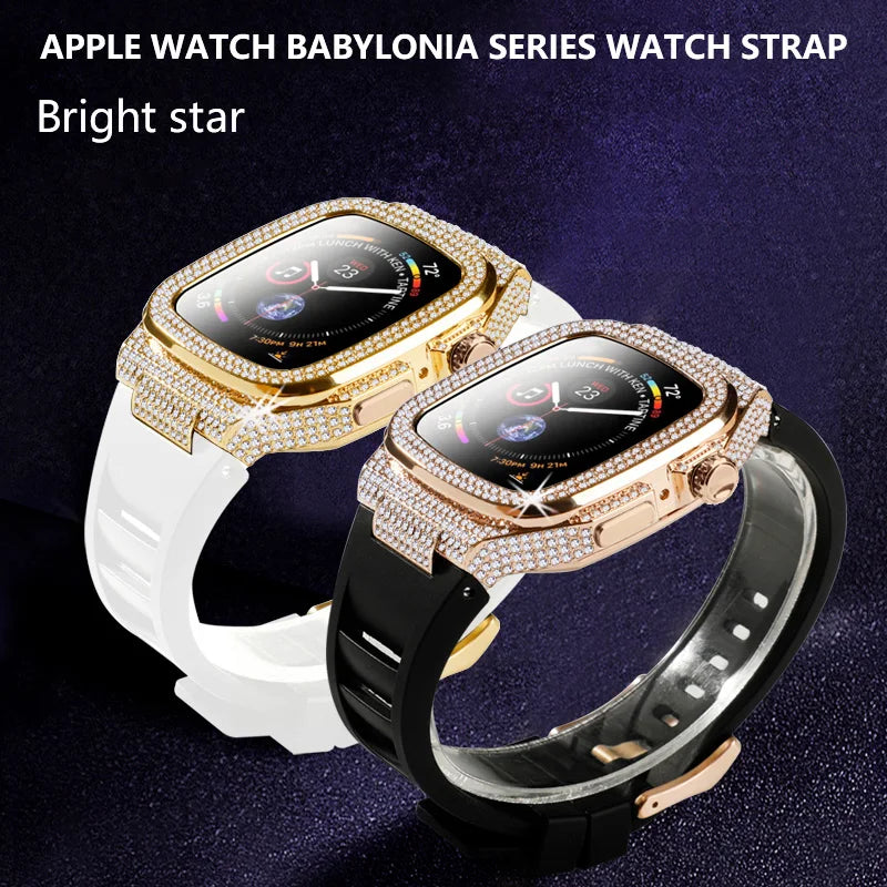 Diamond-Encrusted Stainless Steel Case with Rubber Strap for Apple Watch